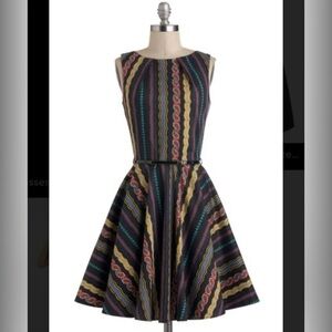 Closet Multicolor Striped Fit and Flare Dress with Belt